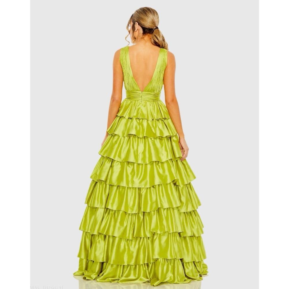 MacDuggal 67994 Chartreuse Sleeveless Tiered Ruffle Pleated Ball Gown Sz 10 $598 - Picture 4 of 16